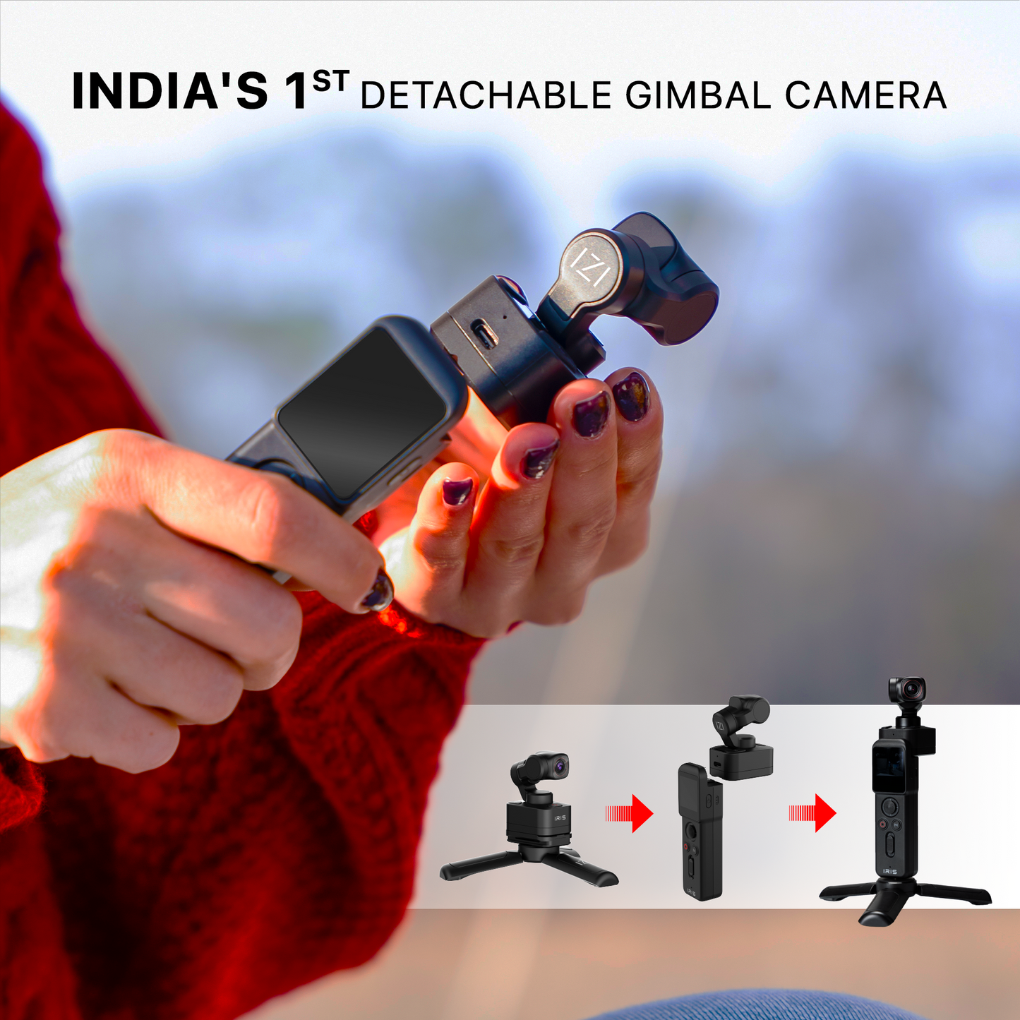 IZI IRIS Detachable Pocket Gimbal Camera, 512GB Storage, 160mins Battery, AI Tracking